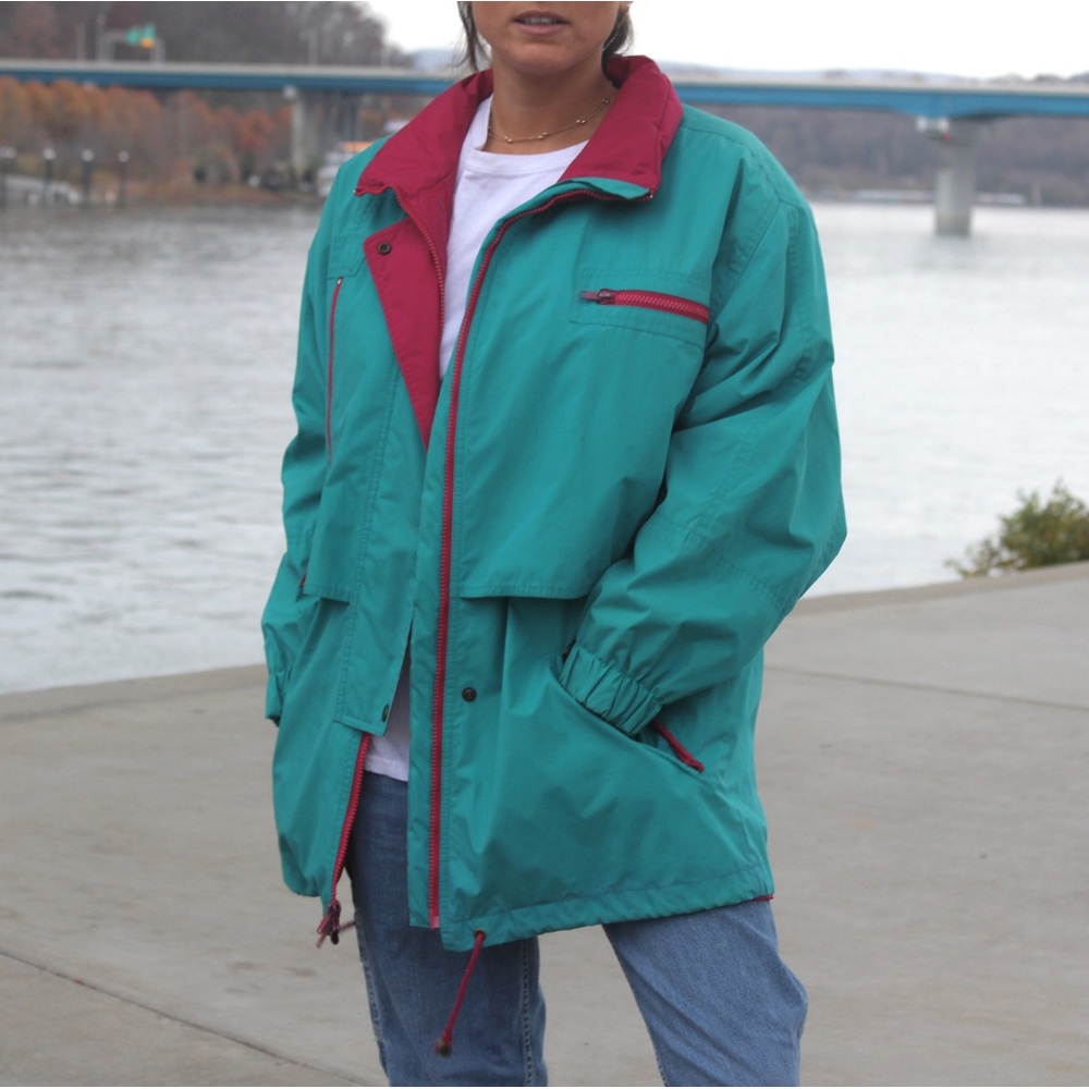 VTG 90s Gorpcore Retro Oversized Pink & Turquoise Windbreaker Shell Jacket Coat